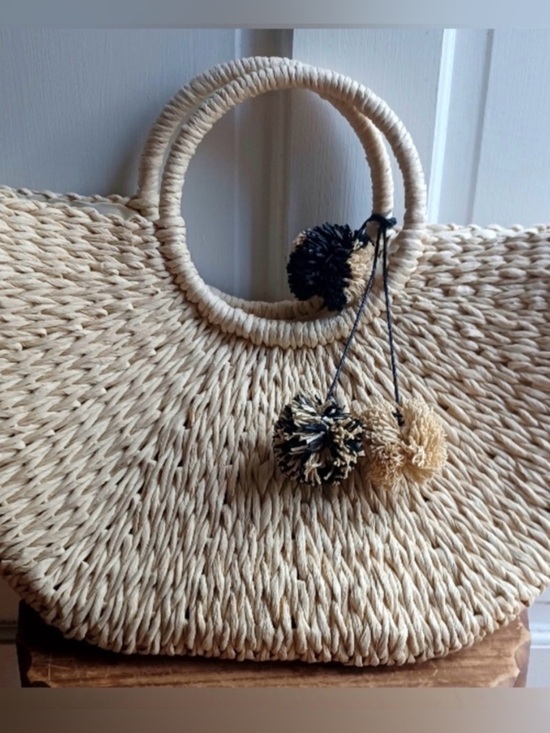 Melie Bianco Handbags - Melie Bianco Woven Straw Tote Bag with Pom Pom Accent